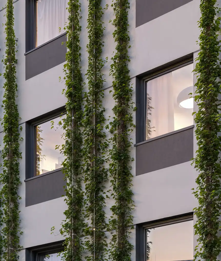 Greenery on building facades that reduces heat gain and noise